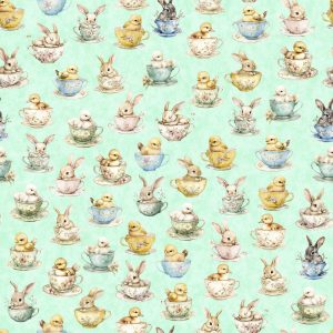 QT Cuties 3 Bunnies & Chicks in Teacups Light Aqua by Morris Creative Group for QT Fabrics