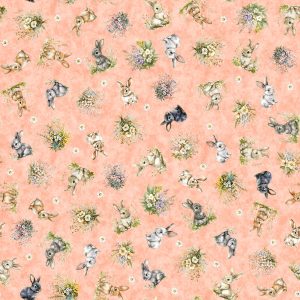 QT Cuties 3 Bunnies & Floral Light Salmon by Morris Creative Group for QT Fabrics