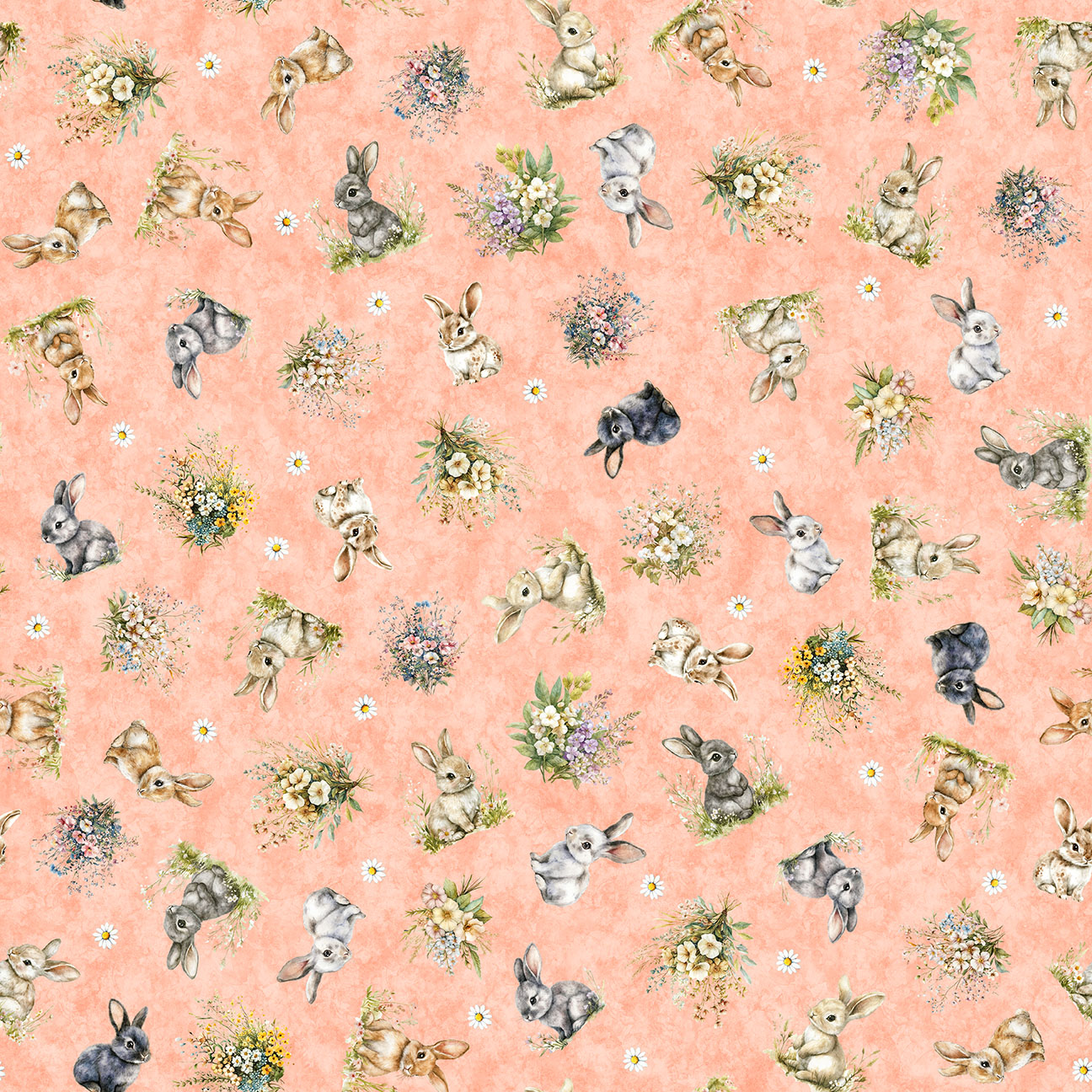 QT Cuties 3 Bunnies & Floral Light Salmon by Morris Creative Group for QT Fabrics