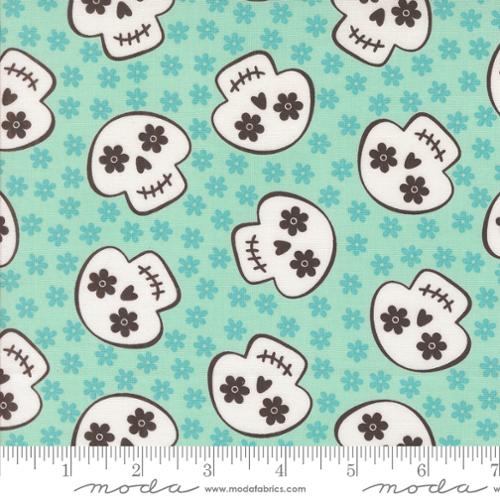 Fab Boo Lous Cheery Skull Novelty Skulls Flowers Aqua by Me and My Sister Designs for Moda