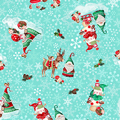 Gnome for the Holidays Christmas Gnomes Toss Turquoise by Helz Cuppleditch from QT Fabrics
