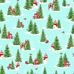 Gnome for the Holidays Pine Trees Aqua by Helz Cuppleditch from QT Fabrics