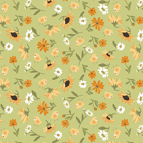 Chickens in the Meadow Tossed Meadow Flowers Sage by Julie Lynch for QT Fabrics