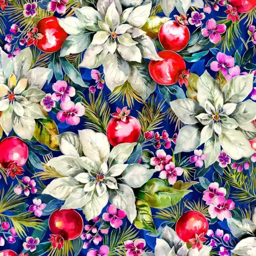 Noel Poinsettia Floral Blue by Oasis Fabrics