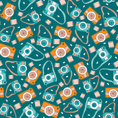 Welcome to Our Neighborwood Tossed Cameras Teal by Mel Rowland for StudioE Fabrics